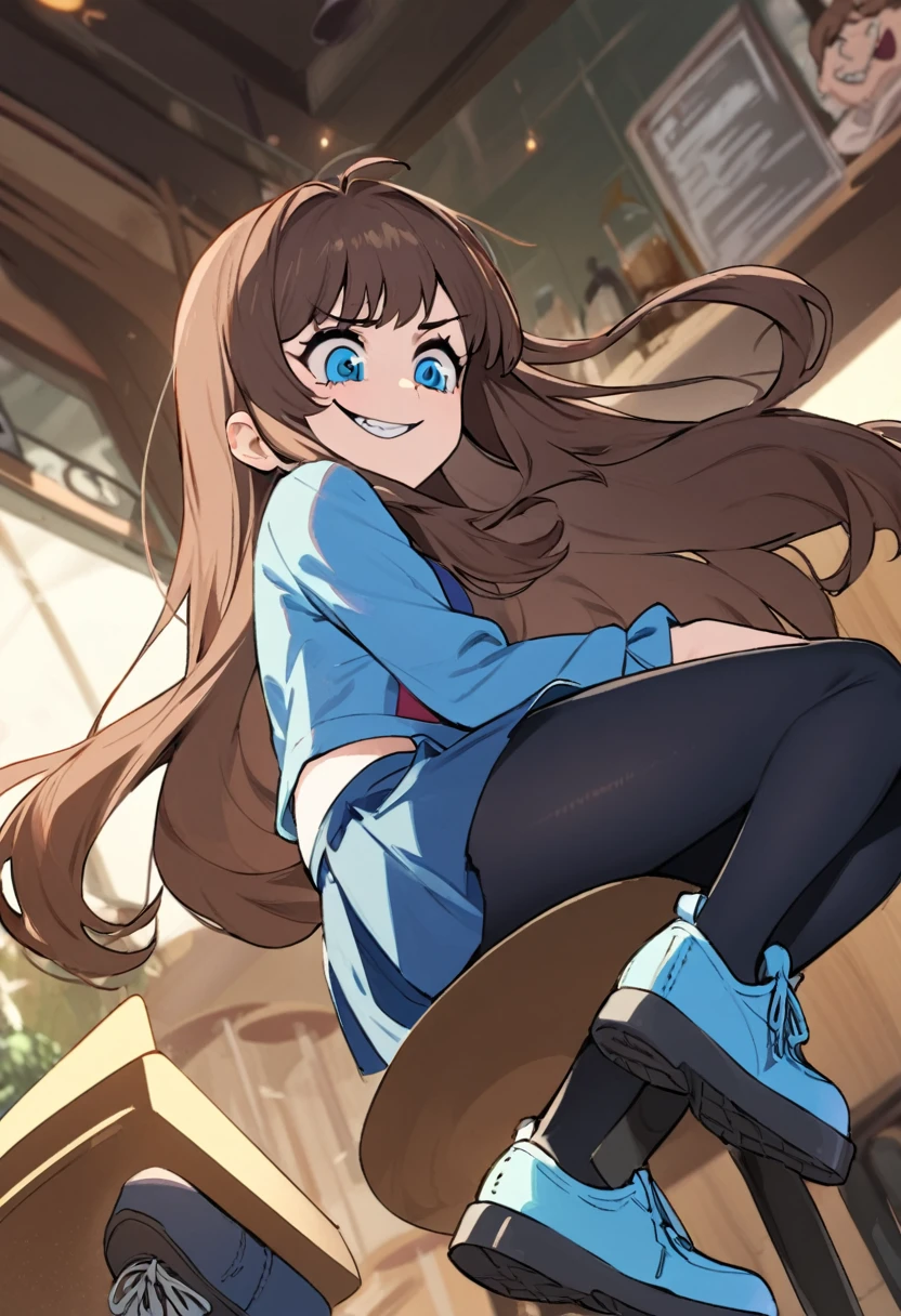 Girl, Mabel pains, gravity falls, reverse falls, reverse mabel, brown hair, long hair, blue shirt, tights, blue skirt, short skirt, blue shoes, blue eyes, blue bezel in hair, confident smile, arrogant look, sitting in a cafe, view down, evil smile, solo 