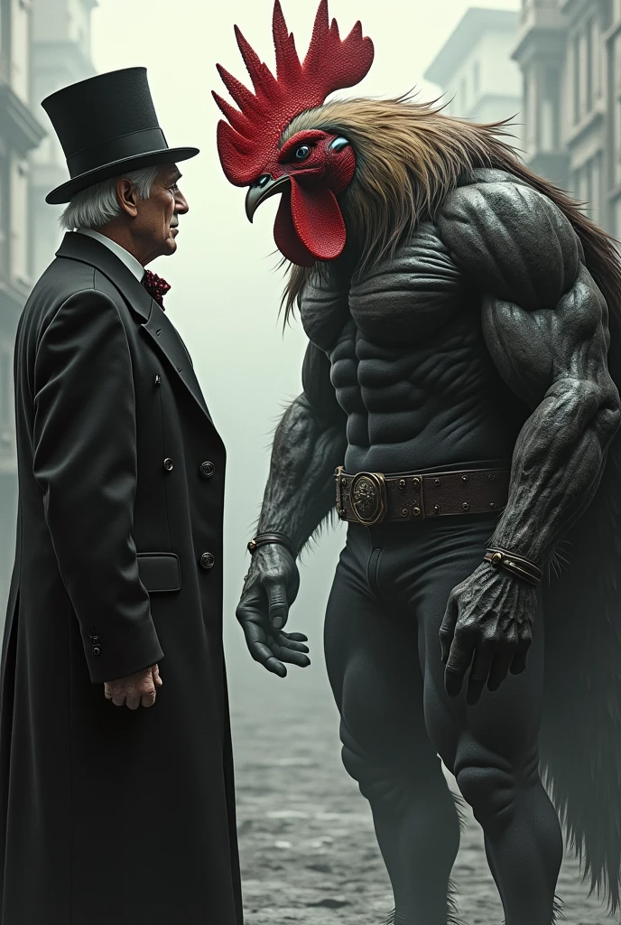 strong and avenging rooster on a human body in a black and white blouse staring at a man with white hair who is wearing a top hat and wearing a red green and white striped blouse
