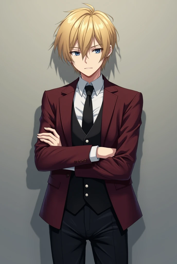 More mature anime style image. A gray background image. r with arms crossed and a serious expression. His blond hair was neat and his eyes were dark blue. He wore a white dress shirt, a black vest, a dark red blazer and black pants.
