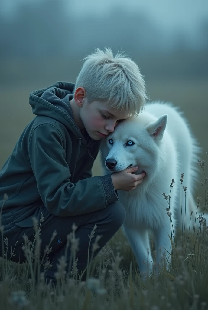 an image of a ghost husky dog and its owner a young man with light hair, light eyes and light skin crying over the death of his pet husky