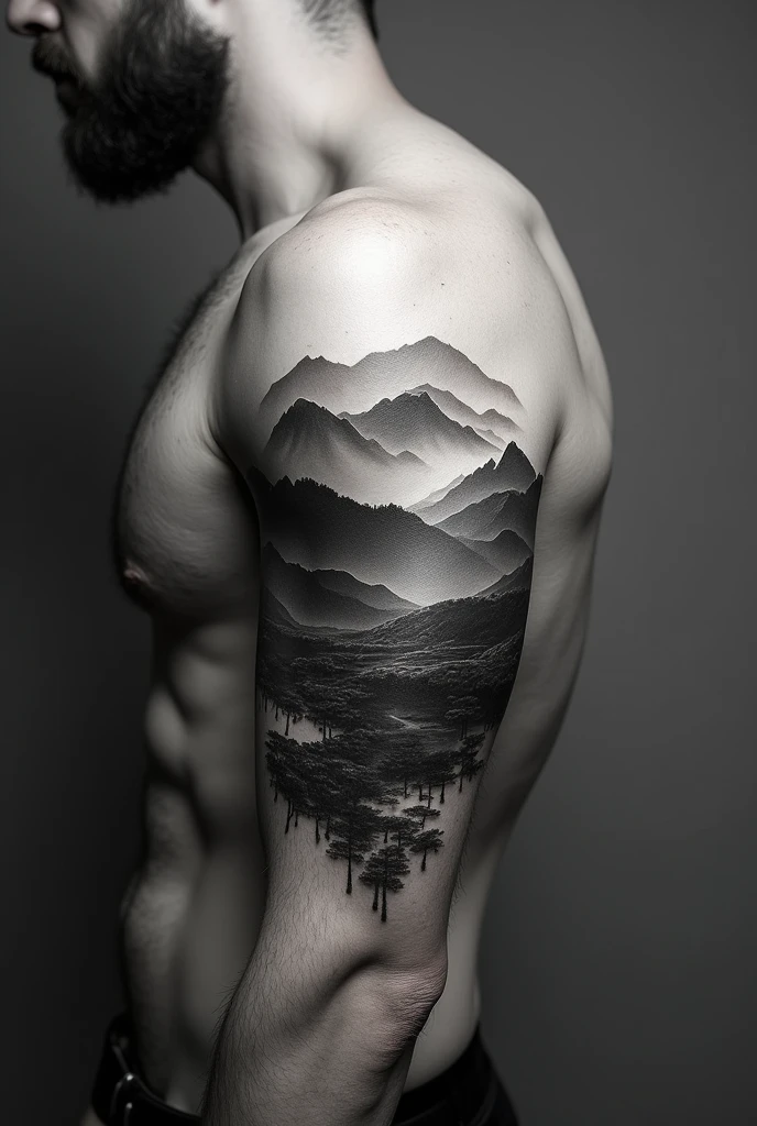 Create a black and white tattoo, original and amazing about a man's landscape