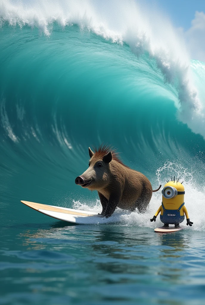 Une vague enorme ou surf un sanglier avec une vrai planche de surf  et un minion qui surf sur la meme vague a côté avec une vrai planche de surf différente de celle du sangliers ( il ont tous les deux leur planche personnel) le minion porte une combinaison de surf adaptés avec marqué sur le torse de sa combinaison  : O'NEILL