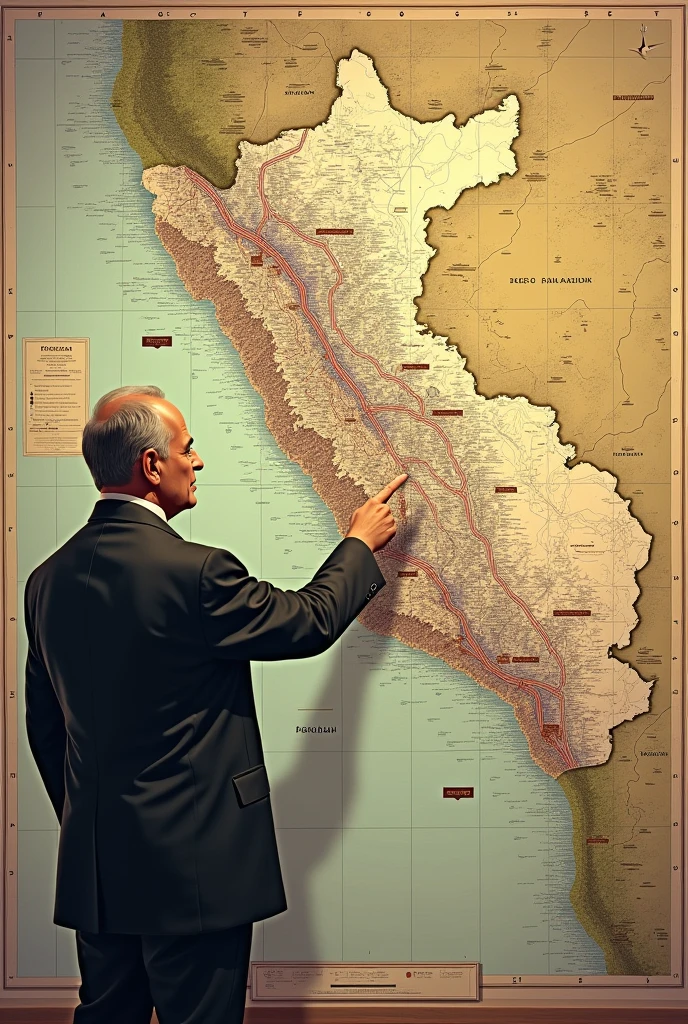   jose gregorio A map of Peru with marked railway routes, Paz Soldán pointing out and explaining the projects.