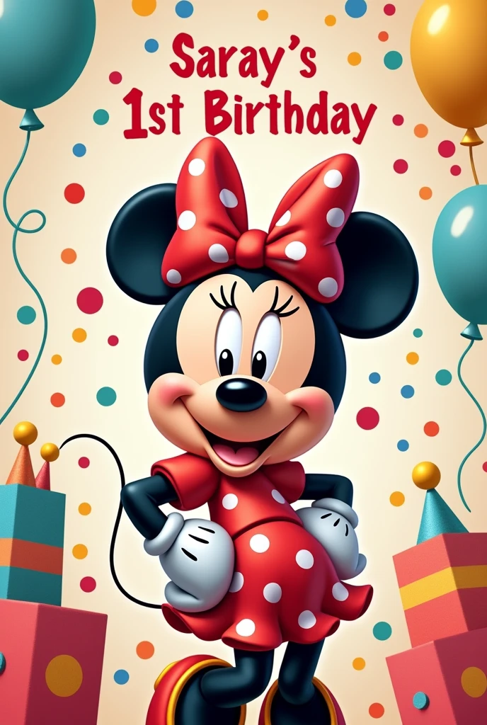 Can you create me a Minnie Mouse invitation with her black and red dress that says Saray? She's turning 1 year old? Invitation Dua August 24 Hour 3:00p.m At my parents' house