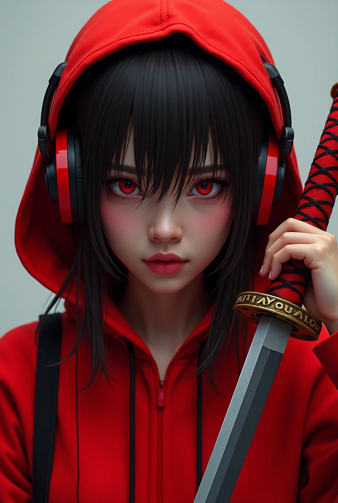 Red hoodi with red headphones with katana red with black and brown hair