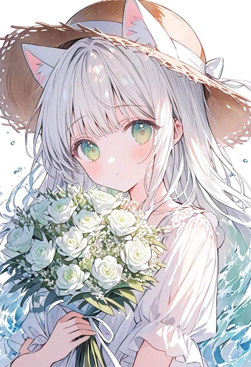 (water color:1.2)Soft lines, girl, long hair, white hair, white cat ears, light green eyes, ((((hold white Bouquet)))), 💐💐💐💐💐💐💐💐💐💐💐, Upper Body, white dress, gray background, straw hat, front, Look at me, style5,transparent illustration,