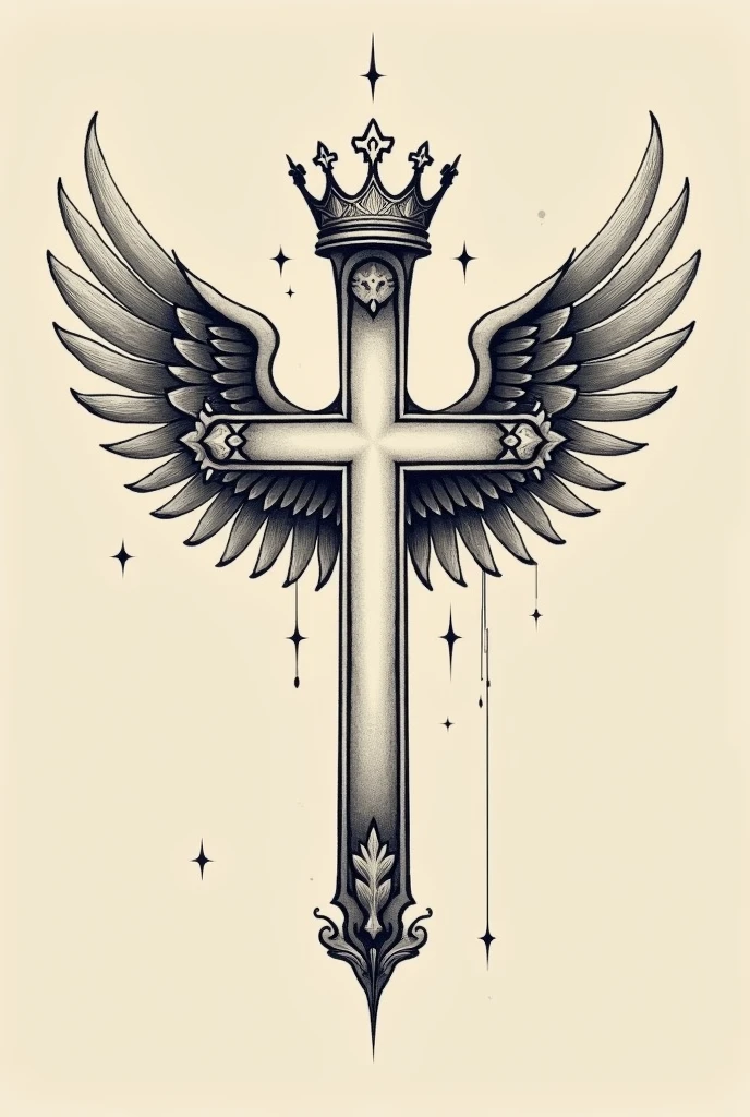 Cross with a crown and wings for a simple tattoo on the abdomen