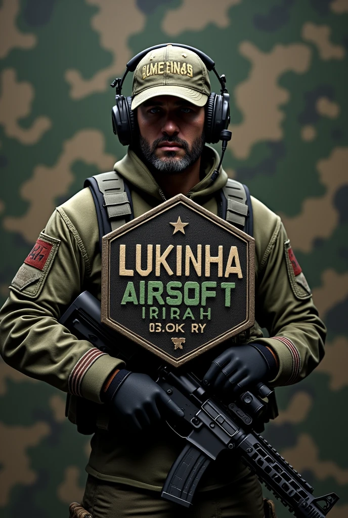 Create Cliché, Rubber patch, hexagonal coat of arms shield with the name Lukinha Airsoft and operator therefore an m4 rifle with a cap and headset with a camouflage background