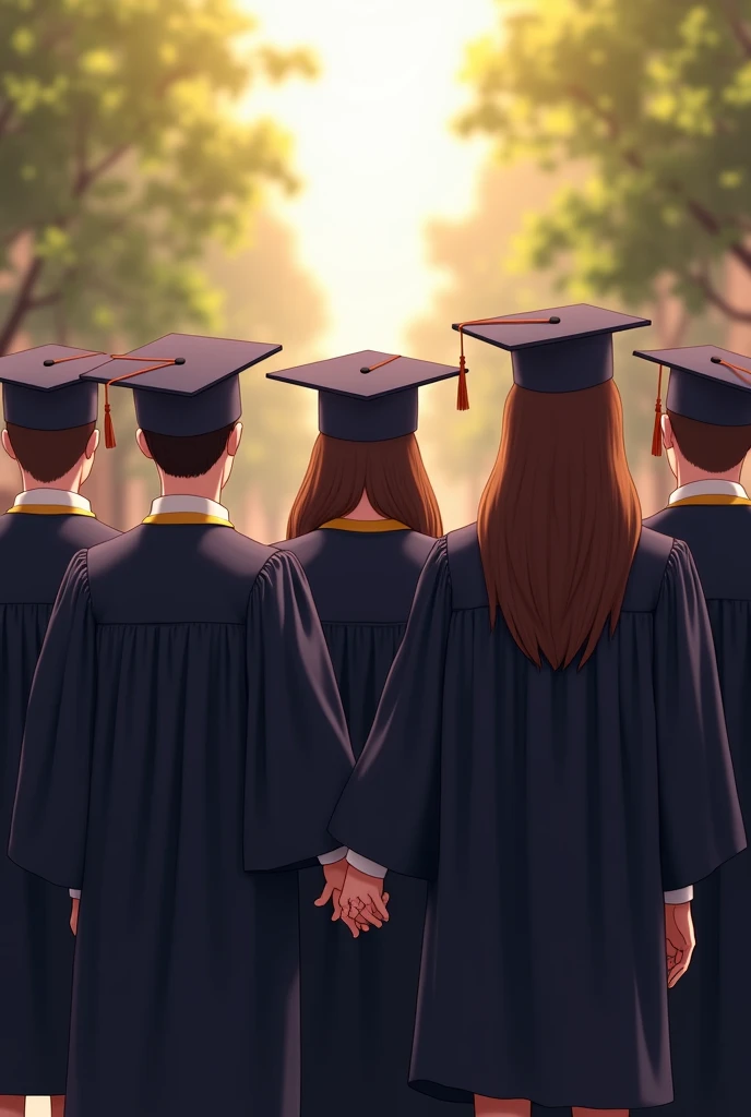 Horizontal image with a group of male and female students with their backs turned about to graduate