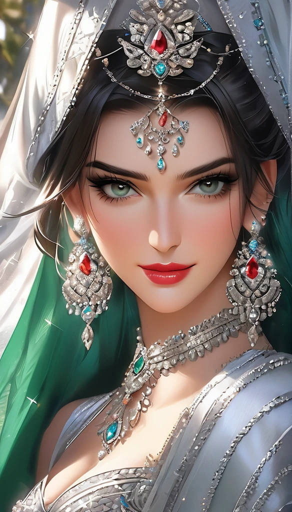 , inspired by Emma Andijewska, draped in crystals, silver color, long earrings, sandra chevier, huge earrings, blue-eyed, platinum jewellery, earring, flawless structure, silver earring,  , a woman, Kriti Sanon, outdoors, realistic skin texture, smiling,   post-processing, Maximum texture, masterpiece, ultra-detailed, photorealistic, realistic, real picture, hyperrealism, Sharp focus, insane details, intricate details,  full sharp, detailed face, realistic eyes,simple white stucco background  ,big hoop  earrings, makeup,white skin,sharp jawline ,big earrings, oversized earrings,big breasts,full body view , necklace, eyeliner, eyeshadow, foundation, jewelry,bangles, anklet,silky black blunt hair ,face makeup, eyeliner,red lipstick , printed green bra ,jeans