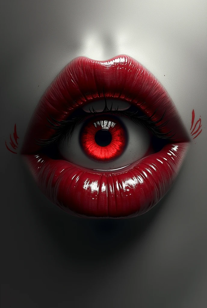 Make an angry eye that is inside a lip, the lip and the eye that are red, the rest in black and white