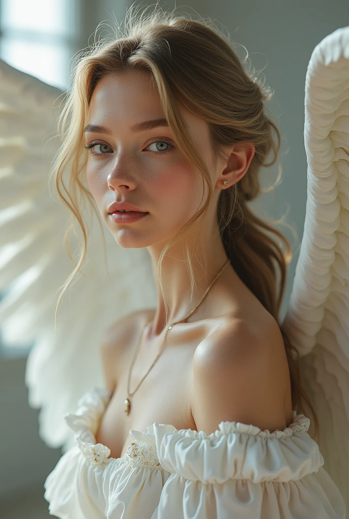 upscale、masterpiece、Beautiful female angel, Angel Ring, Big Wings, Small chest, Full body portrait、Wearing a plain white dress, (lifelike:1.4)、RAW photos、a、Detailed facial structure、--16:9 ,27 years , European