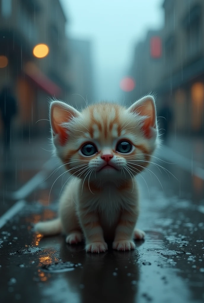 A kitten in the rain crying 
