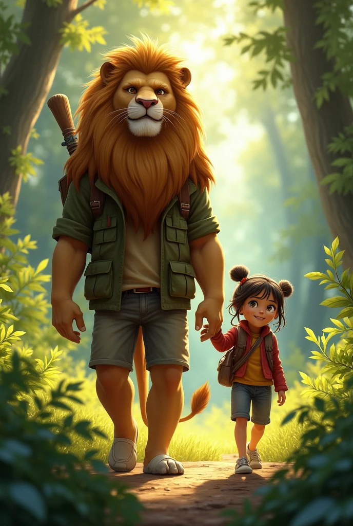**Leo and Lily:**
- *"A majestic anthropomorphic lion with a golden mane and a human body, wearing casual clothing. His young daughter, a curious girl with adventurous eyes, wandering into a dense, sun-dappled forest."*