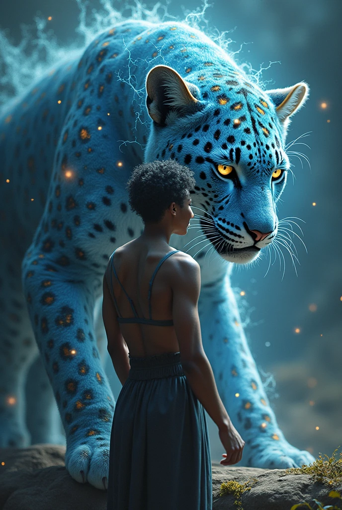 Make me a celestial jaguar art (sharia) from Brazilian folklore behind a person as if he were protecting this art but for drawing