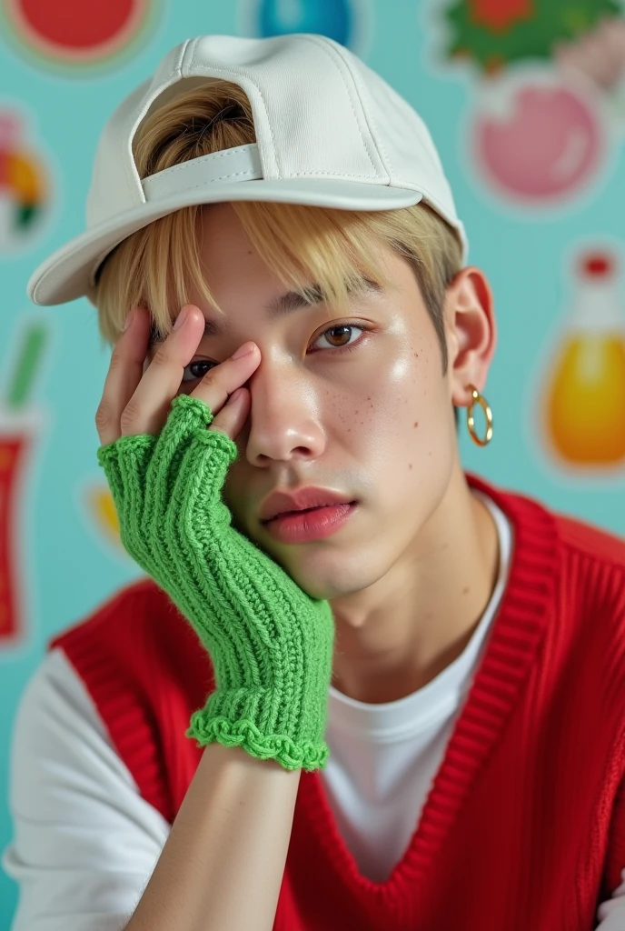 Foto realisitic de um cantor de kpop masculino coreano, jungkook BTS, 24 years, pale face, beautiful face, face with rosy cheeks and freckles, Muscular and strong body, almost shaved blonde hair, wearing a white cap backwards, wearing green crochet gloves, wearing a red sweater vest and a white shirt, making cute poses, a hand covering the face, background with summer stickers, concept Photo, realisitic, idol, close-up do rosto, facing the front ,cute face, rosto close-up