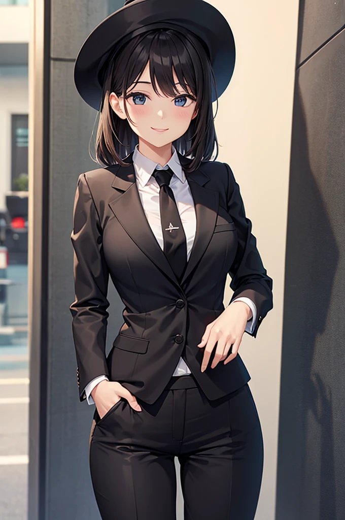 A woman in a black suit smile tie