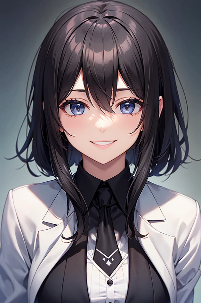 A woman in a black suit smile tie