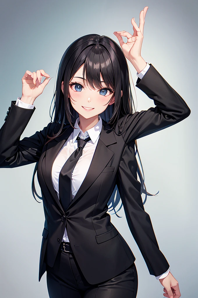 A woman in a black suit smile tie