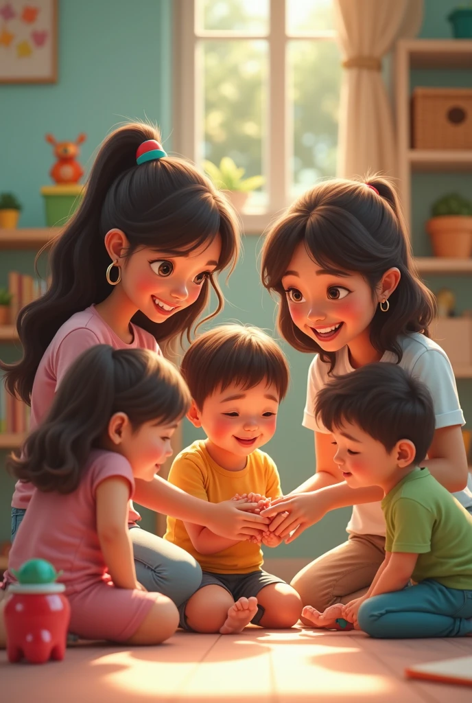 Create an image of two girls taking care of children