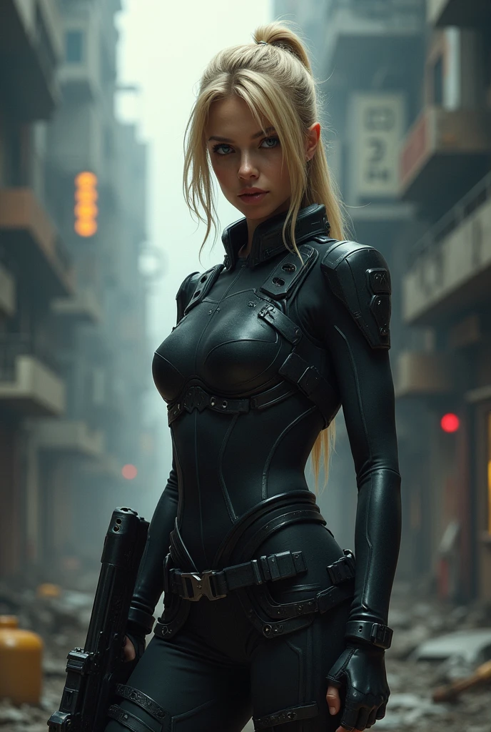 The image shows a young blonde woman in a futuristic outfit and a gun in her hand... She is standing in an urban setting, with a background of buildings and metal structures. The lighting is dark and atmospheric., which creates a feeling of mystery and danger. The young woman appears to be on high alert, with eyes fixed on something outside the image. The outfit she is wearing is tight and suits her well.., that highlights your curves. The weapon he carries is a rifle ., which suggests that she is a soldier. The image is intriguing and evokes a sense of action and adventure...