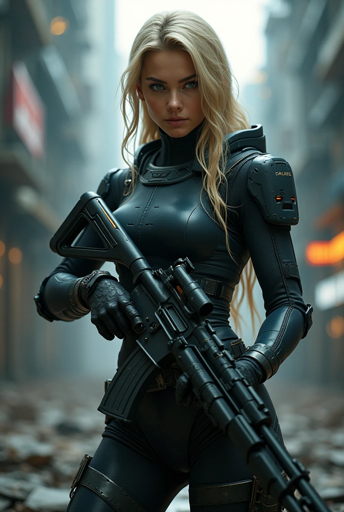 The image shows a young blonde woman in a futuristic outfit and a gun in her hand... She is standing in an urban setting, with a background of buildings and metal structures. The lighting is dark and atmospheric., which creates a feeling of mystery and danger. The young woman appears to be on high alert, with eyes fixed on something outside the image. The outfit she is wearing is tight and suits her well.., that highlights your curves. The weapon he carries is a rifle ., which suggests that she is a soldier. The image is intriguing and evokes a sense of action and adventure...