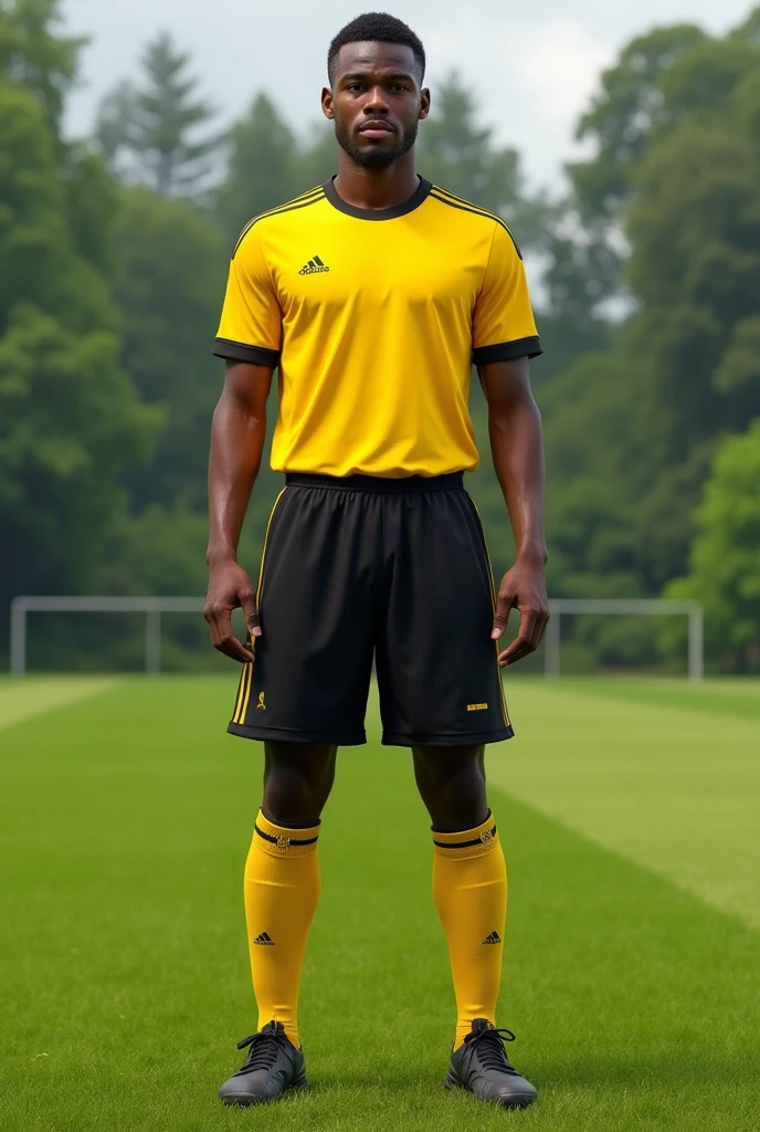 Soccer uniform, yellos shirt with black details, black short, yellow socks, no sponsors