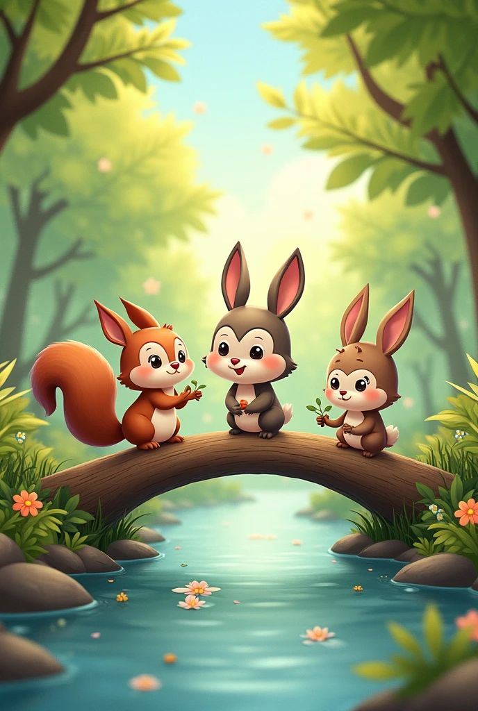 friends squirrel , rabbit and owl  building a bridge with branches and crossing the river. u v 