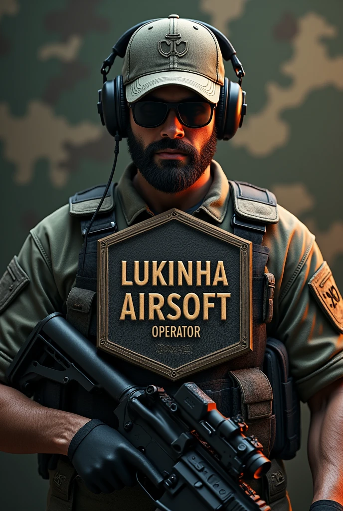 Create Cliché, Rubber patch, hexagonal coat of arms shield with the name Lukinha Airsoft and operator therefore an m4 rifle with a cap and headset with a camouflage background