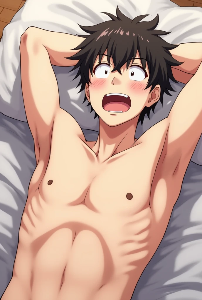 an anime-style male character lying on a bed naked showing everything with a very hard penis and the penis has to be drooling, And the character has to have a face that shows he is really excited.