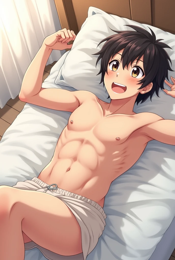an anime-style male character lying on a bed naked showing everything with a very hard penis and the penis has to be drooling, And the character has to have a face that shows he is really excited.