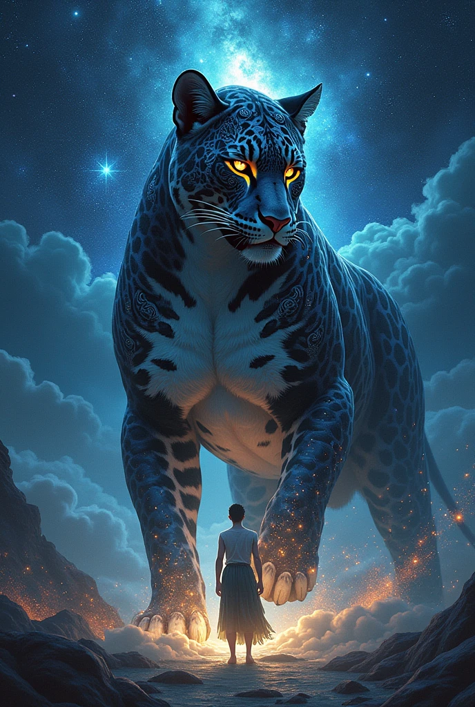 Make me a celestial jaguar art (sharia) from Brazilian folklore behind a person as if protecting them