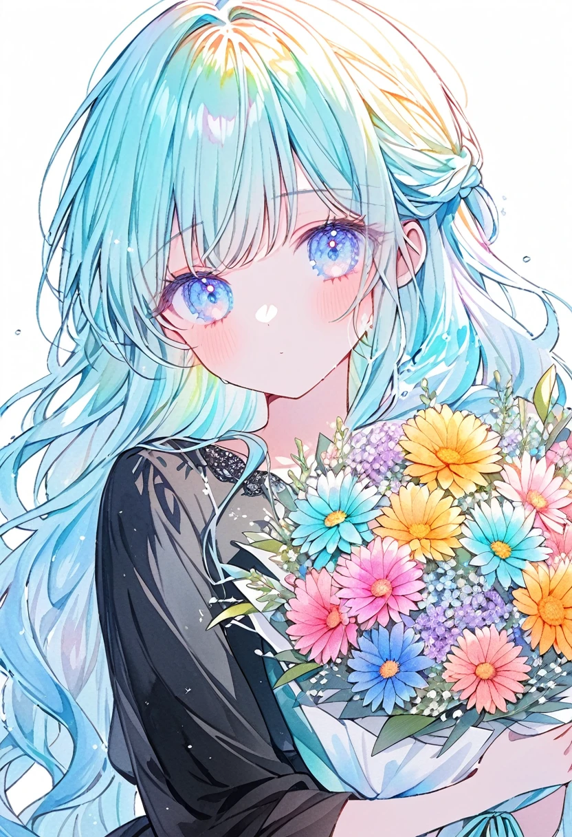 (water color:1.2)Soft lines, girl, light aqua, ((((hold light colorful Bouquet)))), 💐💐💐💐💐💐💐💐💐💐💐, Upper Body, Long Hair, black dress, White background, front, Look at me, style5