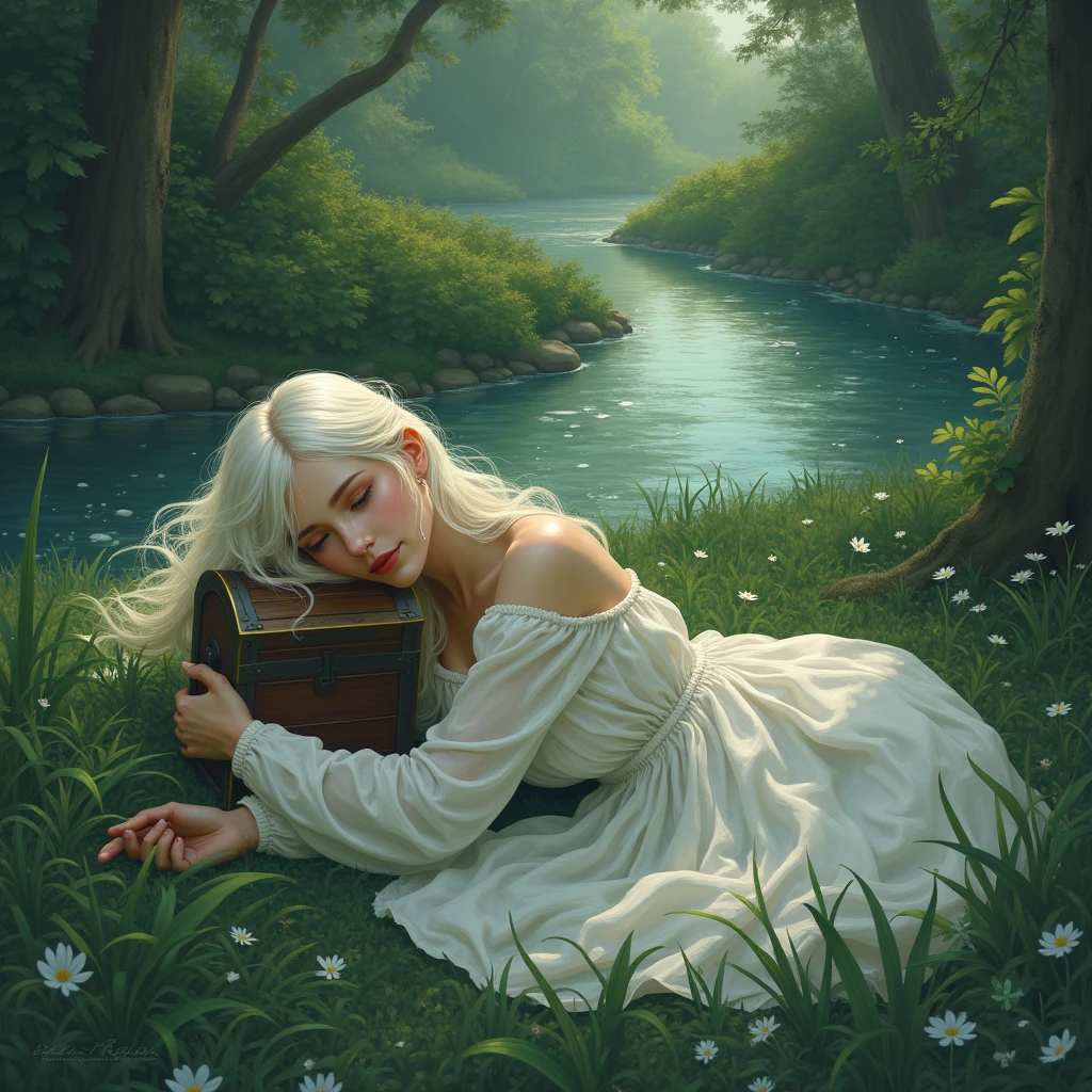 A woman with long white hair,she will wear a white cotton dress and wet,She will be lying on the grass of an enchanted garden and there will be a magical river near her.,I want a kind of secret garden vibe and it&#39;s kind of sad,I want the climate closed like an air of sadness,I want her holding a chest of secrets,She will have her eyes closed and a tear coming out of one of her eyes