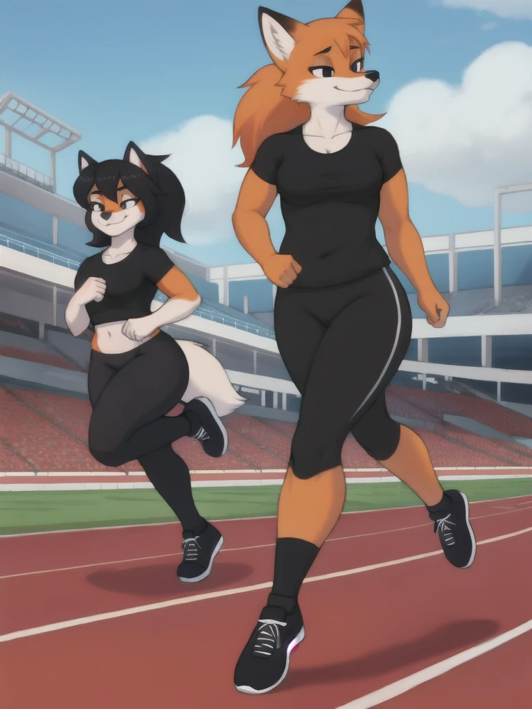 Furry, fox, female, black shirt, black leggings, shoes, running track, friends, full body