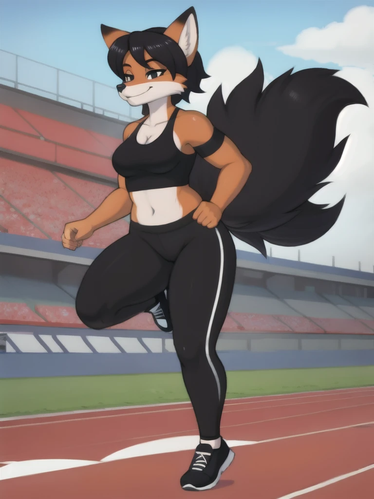 Furry, fox, female, black shirt, black leggings, shoes, running track, friends, full body