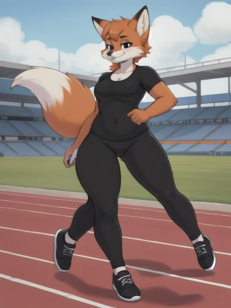 Furry, fox, female, black shirt, black leggings, shoes, running track, friends, full body