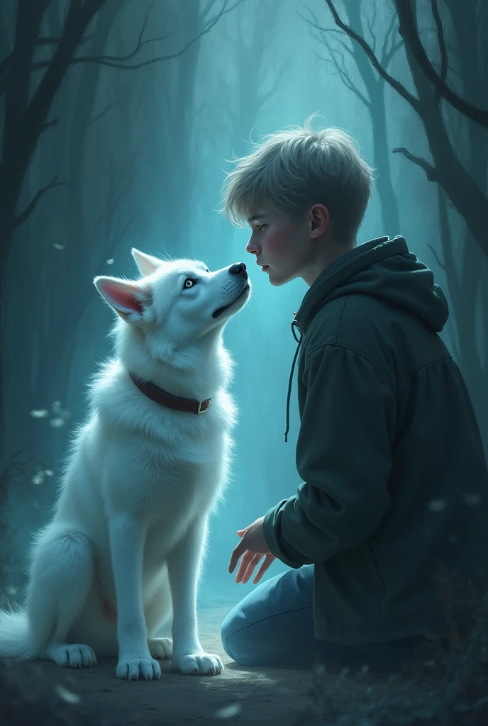 an image of a ghost husky dog and its owner a young man with light hair, light eyes and light skin crying over the death of his pet husky el espíritu fantasmal de un husky