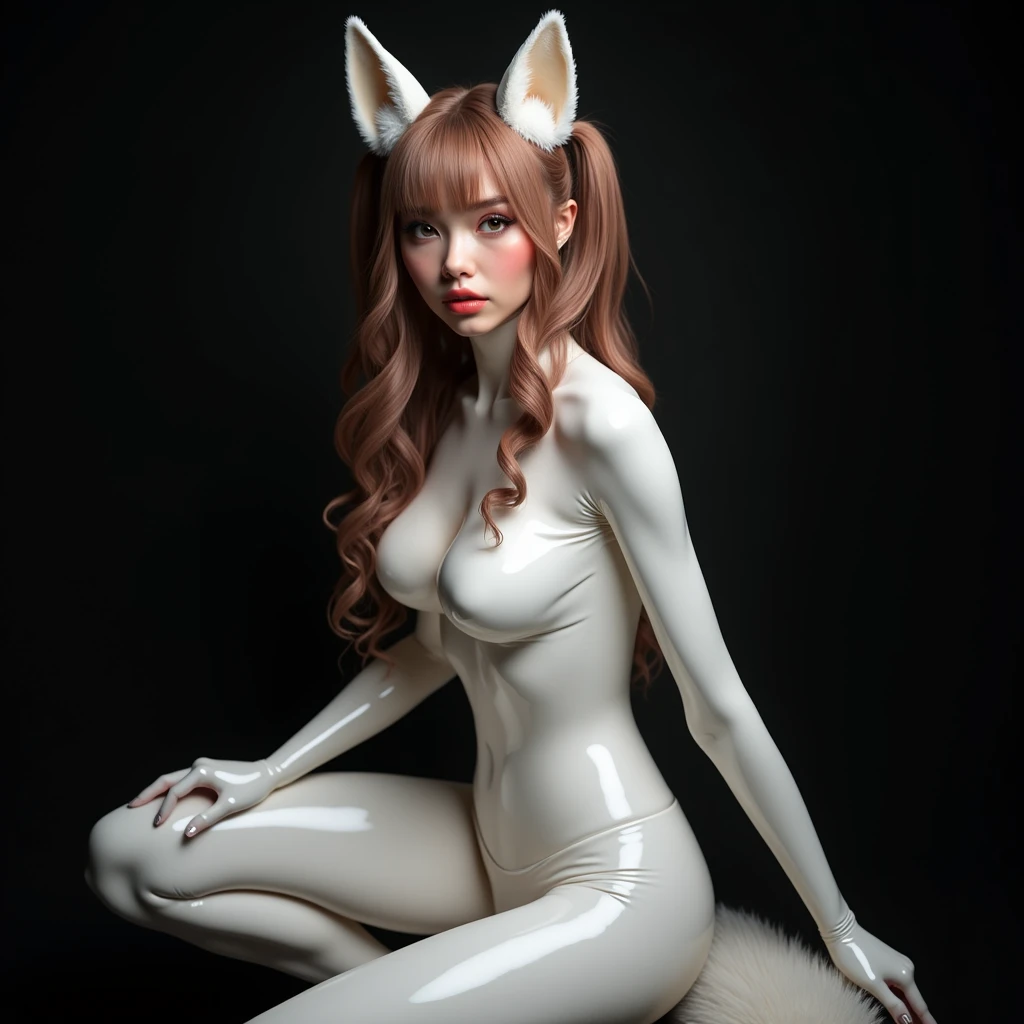 Caution when browsing, ((1 person))、((crotch closeup)), post zorrera、Very detailed、masterpiece、of the highest quality、Ultra-High resolution、and 8K、High resolution、real live action、Photogenic transparency、detailed eyes、gradation、Perfect anatomical figure ,HDD、 Nikon Z9 80mm Reborn Part、cinema lighting, Physically based representation, awarded, Very detailed肌, Very detailed顔, beautiful eyes in every detail、((super shiny white latex suit:1.3)), ((super high leg)), adult girls, (beautiful, shiny light brown hair), Curly and fluffy hair、twin tails、standing position, profile position, looking to the camera、sparkling eyes、fox ears, foxtail, long legs, round buttocks, Lips shining with lip gloss. Photo studio, Black background