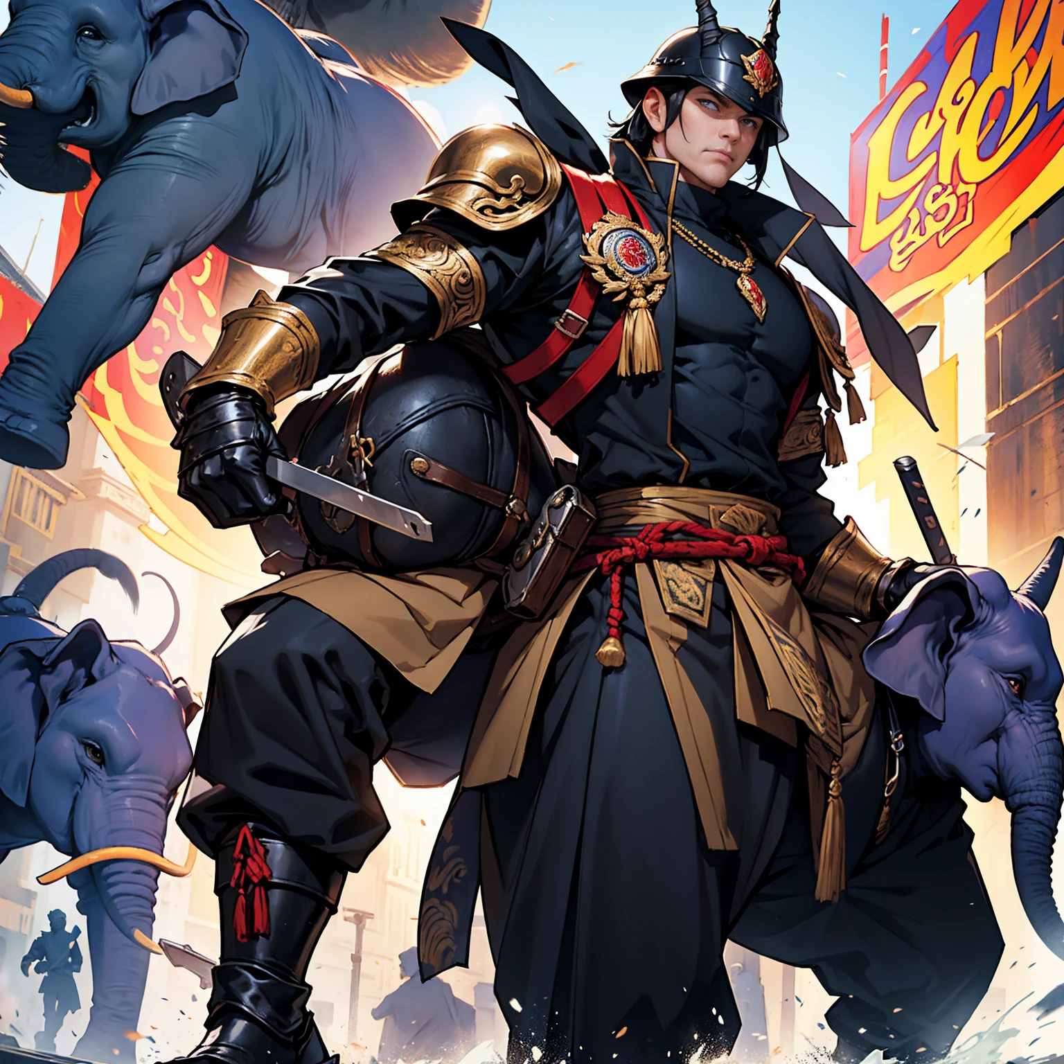 Thai character riding an elephant ,Thai Warrior Costume, Ready for battle, Inspiration from the Black Organization,Holding a weapon and wearing a Thai war helmet,Wear Thai armor