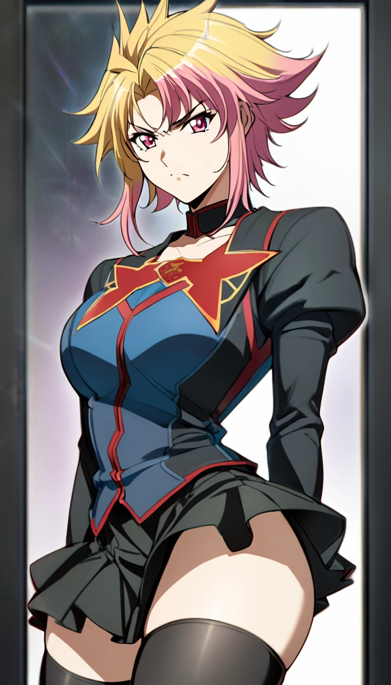 Anime, Kimtag, 1 girl, solo, yellow hair, BLUE hair, pink hair, multicolored hair, schrunchie, Ruby eyes, spiked hair ( like Cleo Brand's) , big breasts, firm curvy body, Genetics's uniform, Juliet sleeves, Ribbon in collarbone, skirt, serious, mini skirt, Black gloves, black thighhighs 