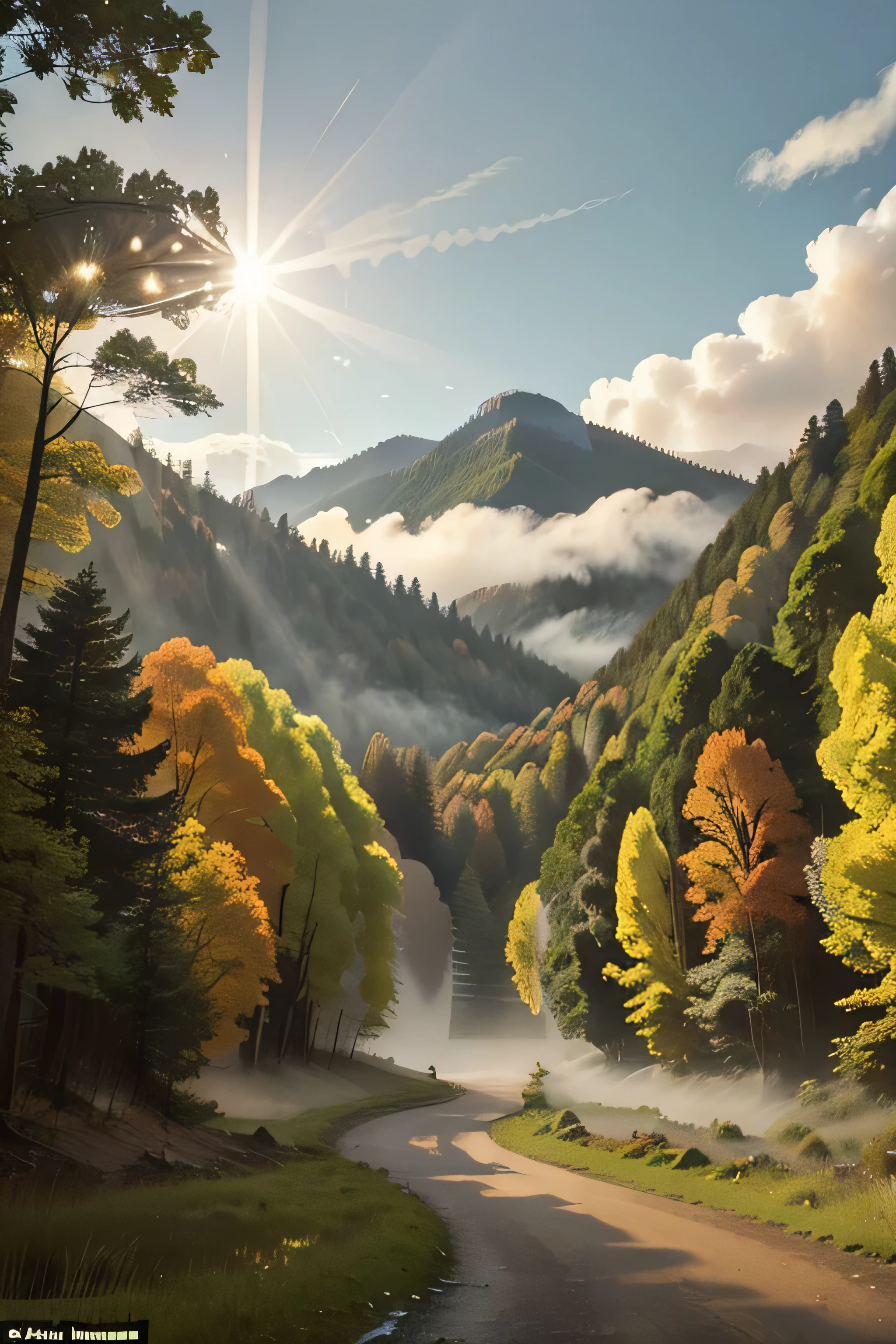 Below the sky,Early autumn,Dense forests in the valley,A light mist rises,The bright morning sun shines through the trees