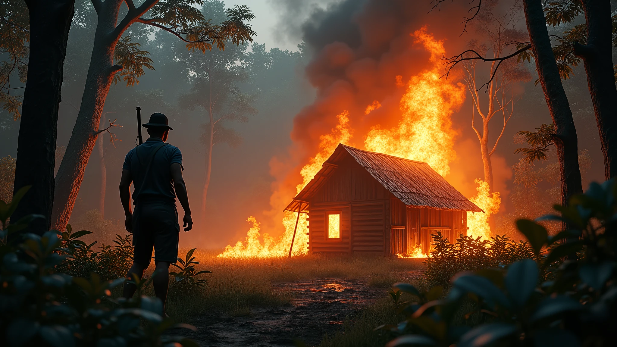 An Indonesian hunter stares at a burning wooden house in the forest 8k  