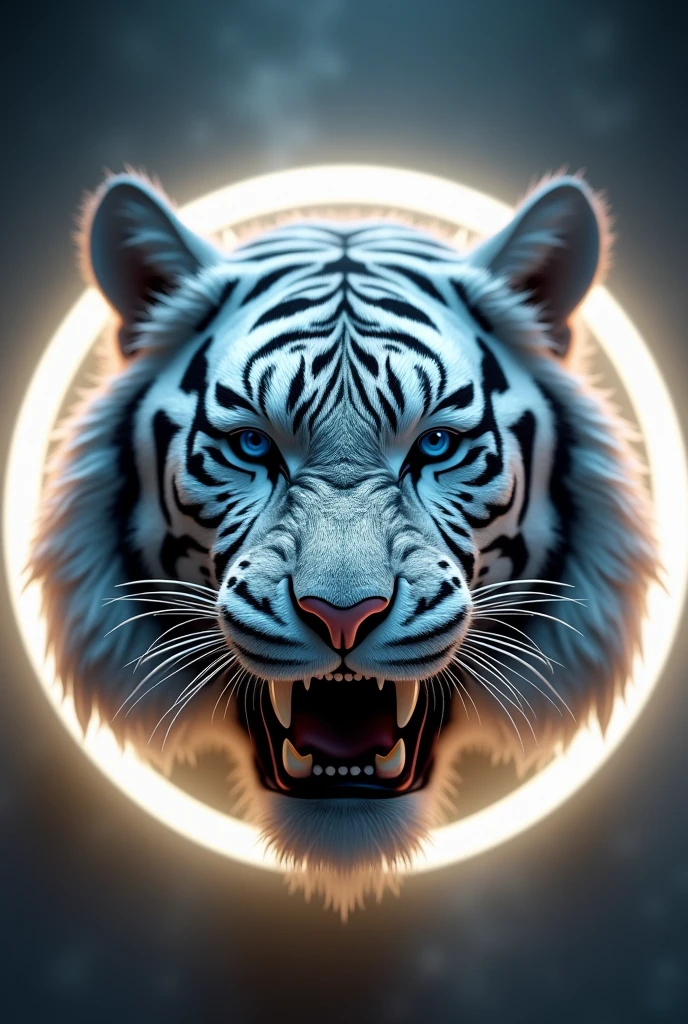 3D logo with name written "RHALI BLESSED" there is a picture of a tiger behind the writing, round shape, emboss effect, stainless steel, artistic elegance, glowing efek.auto focus, logo color white silver, background color BRIGHT