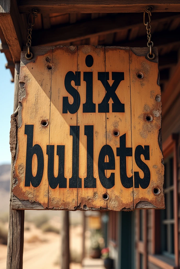 A written text only "Six Bullets" with some bullet holes in the middle in the western style on a wooden sign of a tavern