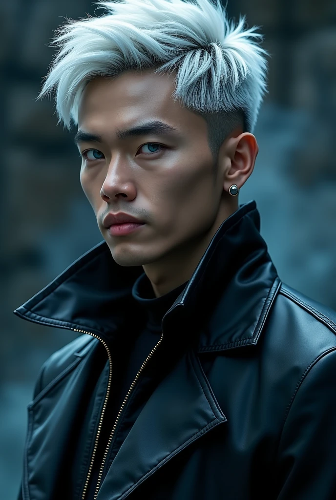 Create a very realistic image of an Asian male in his late twenties with striking, sharp features. He has silver-white hair styled in a spiky, tousled manner, slightly longer on top. His eyes are a vivid, icy blue, exuding confidence and a hint of playfulness. He wears a sleek black high-collared jacket that fits snugly around his neck, with a modern, minimalistic design. The jacket should have a slightly glossy finish, hinting at a high-tech material. His expression is confident and relaxed, with a slight smirk on his lips. The background is dark and atmospheric, with subtle hints of a mystical aura surrounding him, adding an otherworldly touch to the scene. Show entire body