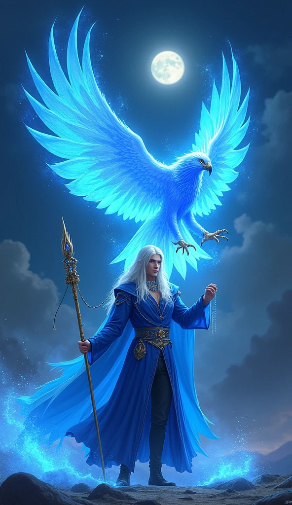 "A powerful young male magician in his 20s with long platinum blonde hair and a slim build stands confidently, facing directly toward the viewer. He wears elegant blue robes that flow around him, and in his outstretched hand, he holds a golden staff adorned with sparkling jewels. His face is intense, his eyes locked straight ahead, as he prepares to cast the ultimate spell. Surrounding him is a massive, swirling blue aura in the shape of a majestic eagle-like bird. This ethereal bird, made entirely of shimmering blue energy, has its wings spread wide and its sharp beak pointed directly at the viewer. The bird appears to emerge from the magician's aura, not perched on the staff but flying forward with a sense of power and purpose. Set against a dark night sky with a faint moon, the scene is dynamic and dramatic, with the magical bird seemingly leaping out of the frame towards the audience. The magician, Mirage, is poised to unleash 'Blue Catastrophe,' and the magical energy creates a vivid, electrifying atmosphere."