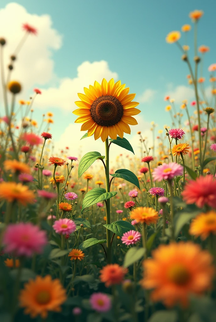 Make me a field of different flowers and there is a sunflower in the middle but it is faded, il fait la meme taille que les autres fleures