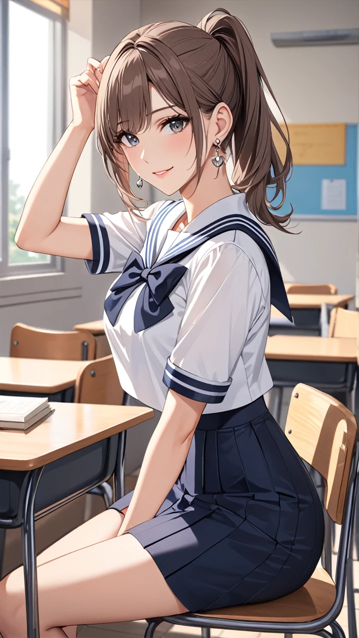 Highest quality masterpiece High resolution masterpiece Brown Bob Grey Eyes, high pony tail cut, wearing sailor uniform, seductive smile, tight, sit on chair, classroom, mature female, adjusting hair, earrings,