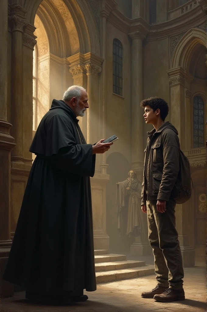 Spanish priest arguing with a teenager drawing